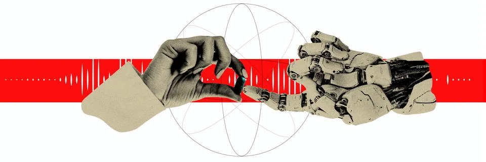 Human-Robot Collaboration. Interaction between human and robotic hand with pill Stock Illustration