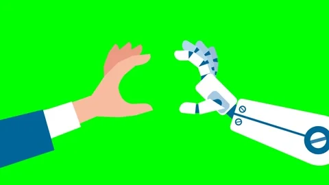 Human-robot collaboration. Robot hand and a human hand appear on both sides. AI Stock Footage 277878951