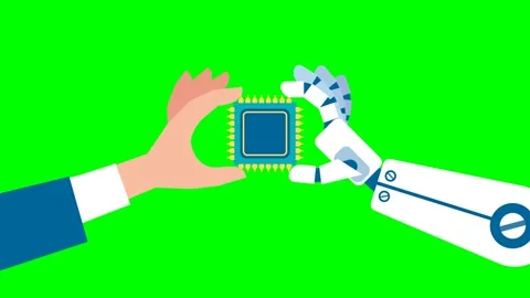 Human, robot cooperation. Robot hand and human hand holding processor, chip, AI Stock Footage 276484427
