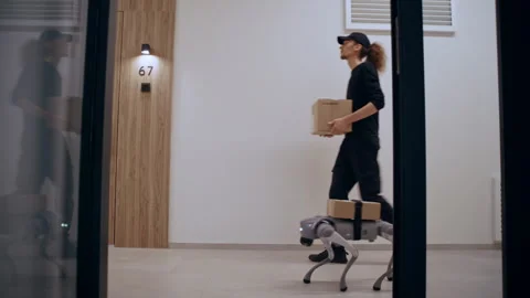 Human-Robot Delivery Team in Corridor Stock-Footage 322946400