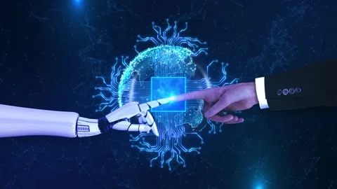 Human Robot Hand Touch Artificial Intelligence Digital Future glowing digital co Video stock 341907563