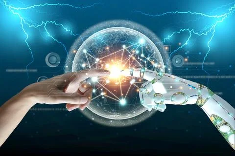 Human, Robot hands touch connect on binary code Stock Photos