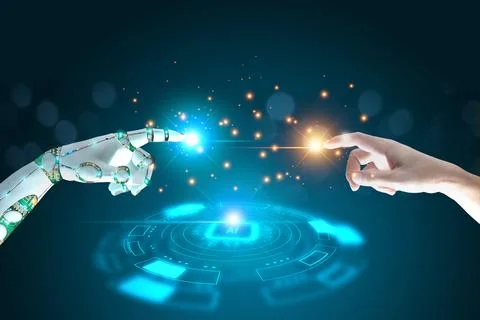 Human, Robot hands touch connect on binary code big data world network  Stockfoto's