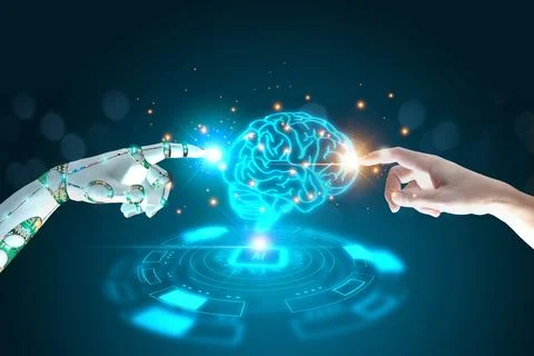 Human, Robot hands touch connect on Virtual brain Stock Photos