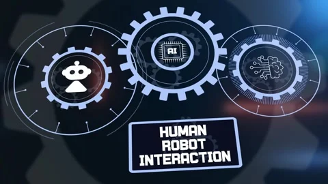 Human-Robot Interaction with AI, Robotics and Mechanical Gears Stock Footage 325791084