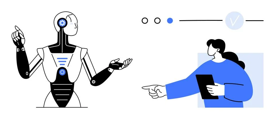 Human-robot interaction with data visualization, highlighting the future of.. Illustrazione stock