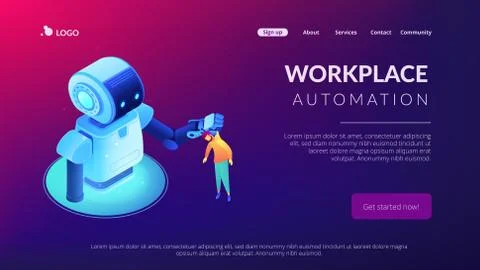 Human-robot interaction isometric 3D landing page. イラスト素材