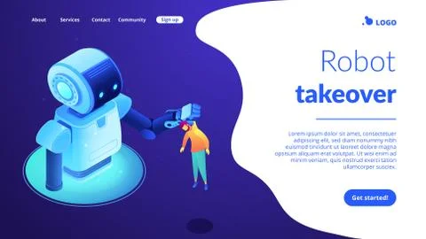 Human-robot interaction isometric 3D landing page. Illustrazione stock