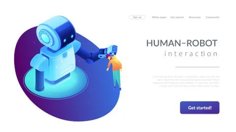 Human-robot interaction isometric 3D landing page. Stock Illustration
