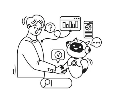 Human Robot Interaction in Minimalist Line Art Stock Illustration