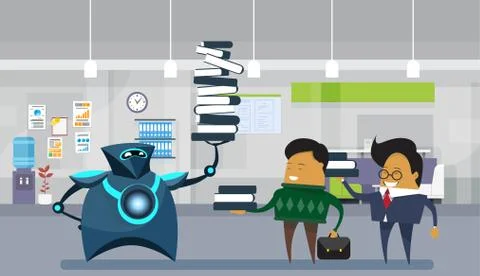 Human Robot Office Workers, Modern Robotic Holding Big Stack Of Books Over Stock Illustration