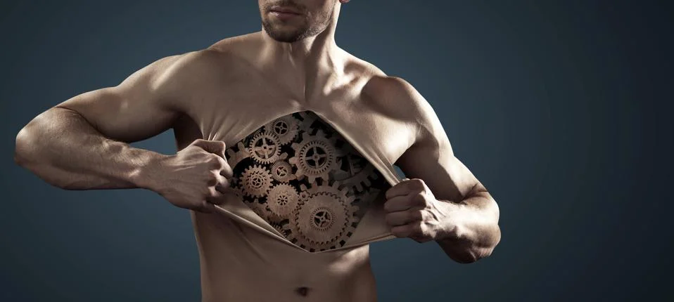 Human robot pulling his chest skin away Stock-Fotos