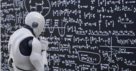 Human-like robot thinking out loud. Concept. 3D animation Stock Illustration
