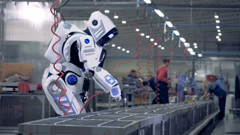 Human like robot works at a factory, using a special tool. Stock Footage 88994370