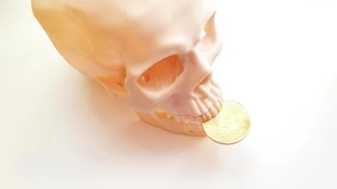 Human scull with bitcoin coin in teeth from more above 写真素材