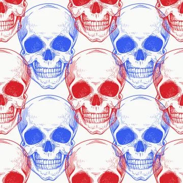 Human scull color seamless pattern. Hand drawn vector skeleton illustration.  Stock Illustration