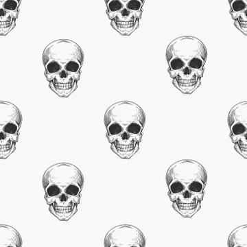 Human scull seamless pattern. Hand drawn vector skeleton illustration. Engrav Stock Illustration
