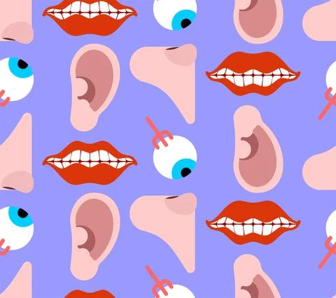 Human sensory organs pattern seamless. Nose, ear, eye, mouth. Anatomy backgro Stock Illustration