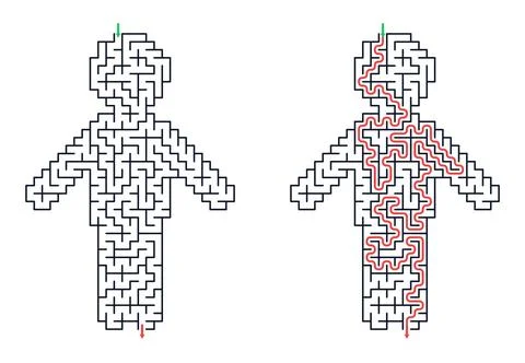 Human shape maze puzzle for solution. Illustration of logic game with path th Stock Illustration