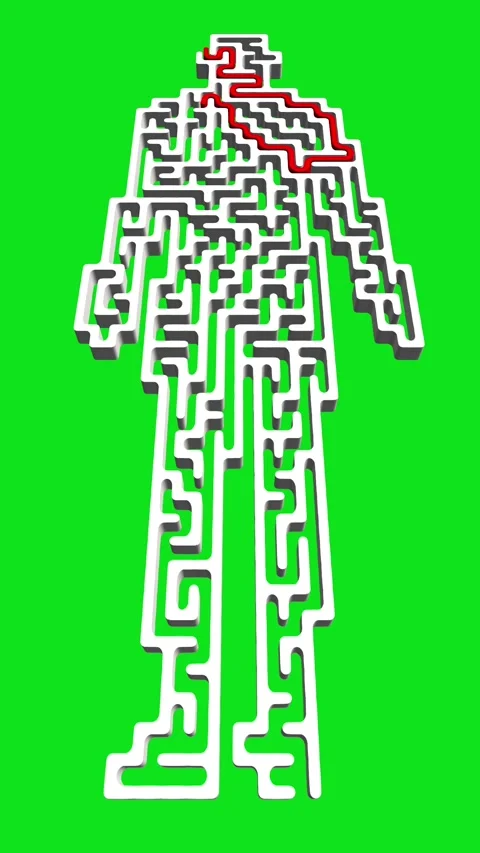 Human shaped 3d maze with solution path on green screen background Stock Footage 321387288
