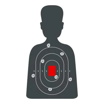 Human shaped target showing bullet holes and red square center mass Illustrazione stock