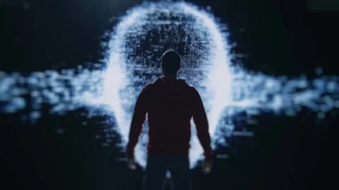 Human Silhouette Facing AI Visualization in Abstract Technology-Themed Video stock 293088188