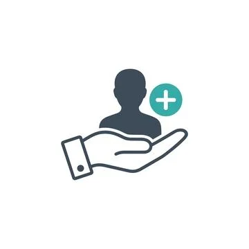Human silhouette icon with plus sign in circle held by open hand, represent.. Stock Illustration