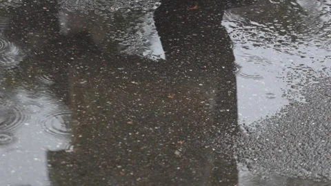 Human silhouette reflection in wet puddle on asphalt during rainy day 库存影片 338175570