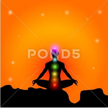 Human Silhouette In Yoga Pose with Chakras, Vector Illustration ...