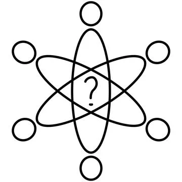 Human silhouettes in the shape of an atom with a question mark in the center Stock Illustration