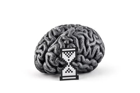 Human silver brain model with paper pixel hourglass computer symbol Stock Photos
