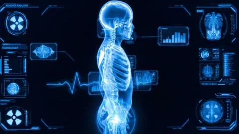 Human skeletal system anatomy scan with futuristic medical data displays in.. Stockbeeldmateriaal 339651090