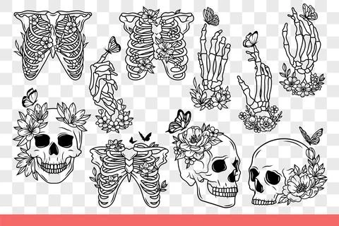 Human skeleton and bones with skulls are decorated with flowers. Hand drawn Stock Illustration