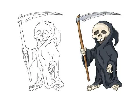 Human Skeleton in Black Robe Standing with Scythe, cartoon Character Stockillustratie