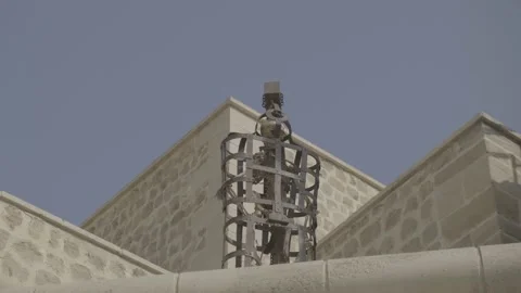 Human skeleton in a cage hanging in a medieval castle. Log Ungraded Stock Footage 185430883