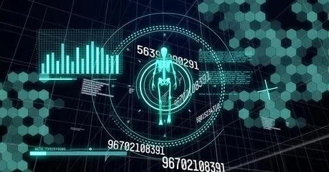 Human skeleton with data charts and numbers, medical image over grid background Stock Photos