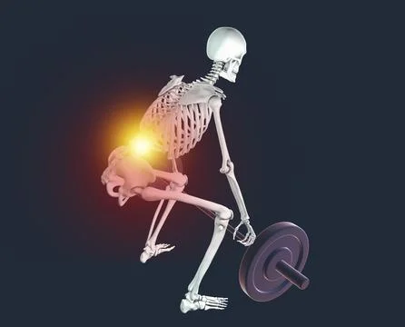 A human skeleton experiencing back pain while lifting a barbell, 3d illustr.. Stock Illustration