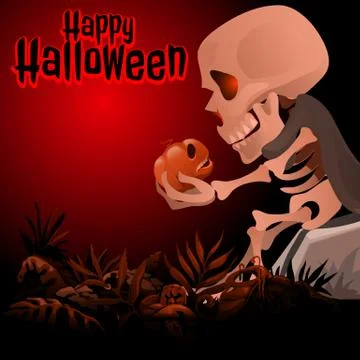 Human skeleton in a grey cloak sitting on a rock and talking to a pumpkin. Sk Stock Illustration