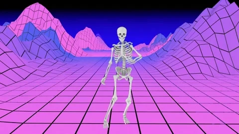 Human skeleton performs lively dance moves in a neon retro-futuristic landscape 스톡 동영상 344567967