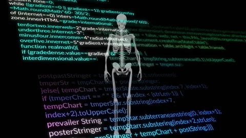 Human skeleton with programming code animation over dark background Stock Footage 306636696