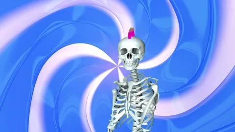 Human skeleton with a rainbow mohawk walks and sways against a blue and white 스톡 동영상 344567993