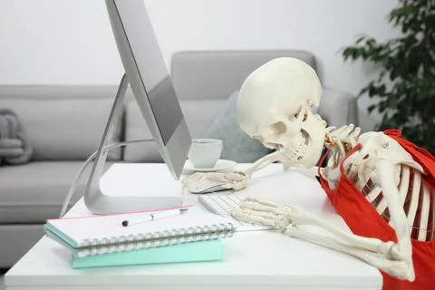Human skeleton in red dress using computer at home Stock Photos
