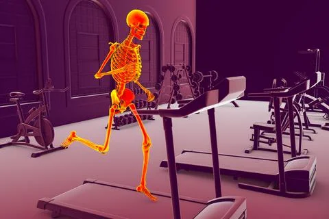 Human skeleton running on treadmill, 3D illustration. Stock Illustration