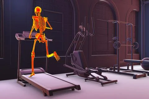 Human skeleton running on treadmill, 3D illustration. Stock Illustration