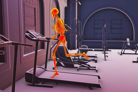 Human skeleton running on treadmill, 3D illustration. Stock Illustration