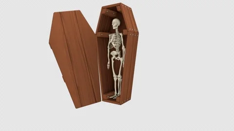 Human skeleton, skulls, bones and pumpkins falling from the casket Stock Footage 278989466