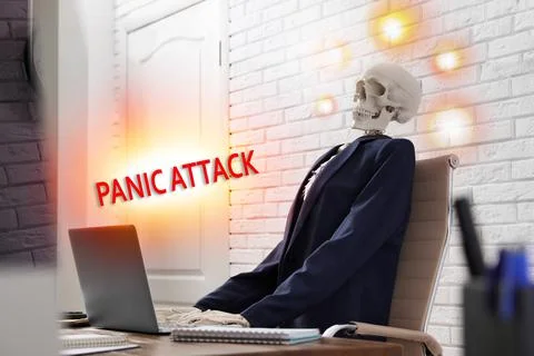 Human skeleton at table with laptop in office. Use information safely! Beware 스톡 사진