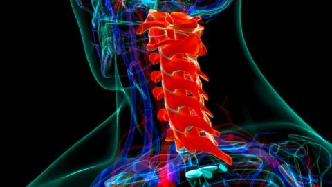 Human Skeleton Vertebral Column Cervical Vertebrae Anatomy 3D Illustration 库存插图