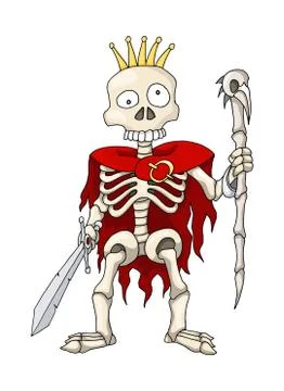 Human Skeleton Warrior Standing with Sword and Scepter, cartoon Character Stock Illustration