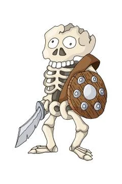 Human Skeleton Warrior Standing with Sword and Shield, cartoon Character Illustration